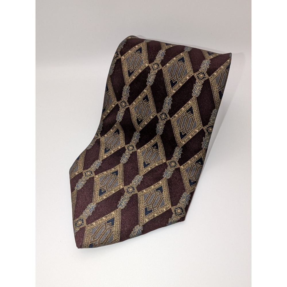 Halston Men's Maroon Navy Brown Geometric Pattern Tie All Silk USA